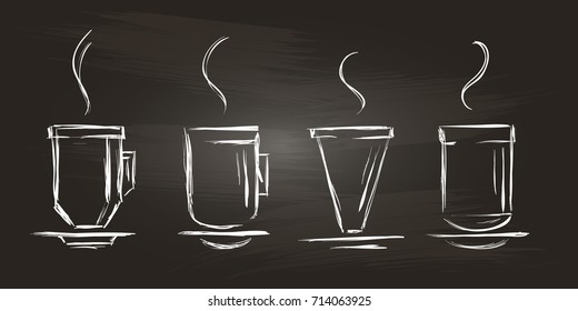 Set of geometric coffee cups on a chalkboard. Hand-drawing icons in a sketch style. Isolated