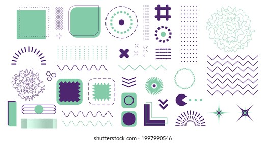 Set of geometric color shapes. Memphis design. Colorfull elements for web, social media, poster, billboard, sale, promo. Halftone vector geometric shapes. Design vector editable, stroke objects.