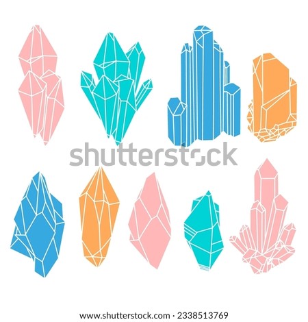 Set of geometric colorful crystals isolated on white.  Vector illustration background. Alternative medicine, magic, crystal healing, astrology
