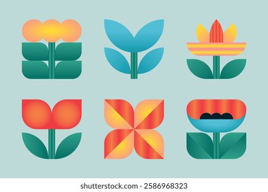 Set of geometric and colorful flowers. Vector illustrations.
