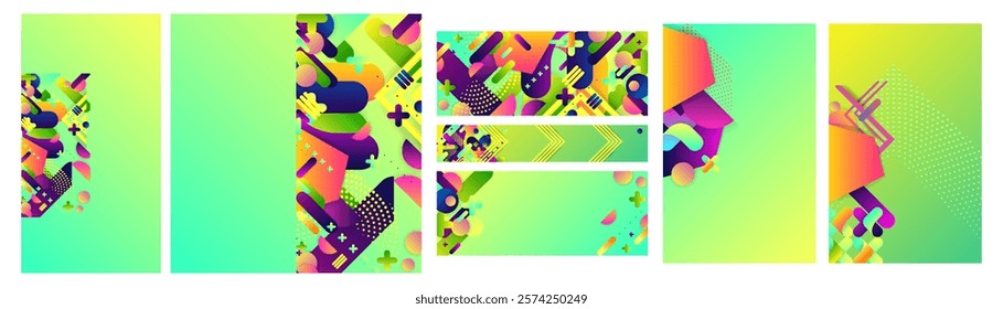 Set geometric colors fluid shapes. Flowing and liquid abstract gradient background for banner, poster or book. Vector design