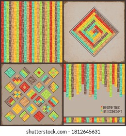 Set of Geometric Compositions from Bright Gradient Squares. Retro Style. 
Kit of Various Grunge Combinations Of Simple Geometric Shapes.
