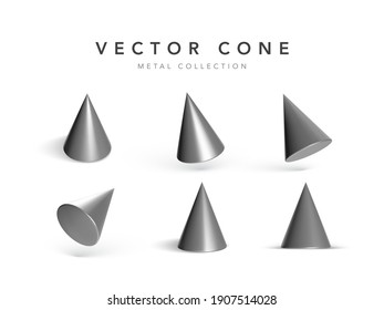 Conjunto de conos geométricos aislados sobre fondo blanco. Objetos de formas geométricas 3d. Representar la figura decorativa de metal para el diseño. Ilustración del vector