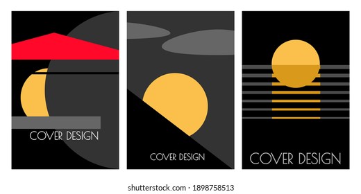 Set of geometric cover design tamplates with simple shapes on dark background for books, albums, notebooks, magazines, flyers, brochures. Minimalistic composition.