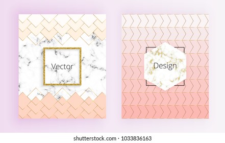 Set geometric cover designs with gold lines, pastel pink colors and marble texture background. Template for invitation, card, design, banner, wedding, brochure, web, flyer 
