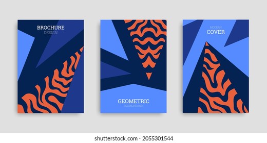 Conjunto de cubiertas geométricas. Fondo abstracto con triángulos, patrón tigre. Colección de plantillas de negocio con formas geométricas. Ilustración vectorial. Tapa de diseño, afiche, papel pintado, cuaderno, catálogo.