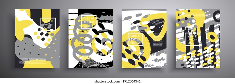 A set of geometric covers with abstract composition. The trendy colors of 2021 are gray and yellow. A beautiful background that can be used for cover, invitation, flyer, etc