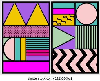 Set of geometric covers, banners, backgrounds, templates. Collection of cool vintage designs in retro Memphis style. Abstract shapes compositions with bright trendy colors. Vector illustrations.