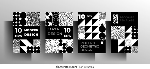 Set of geometric covers. Black and white design with hand-drawn textural elements. Vector 10 EPS.