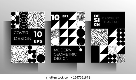 Set of geometric covers. Black and white design with hand-drawn textural elements. Vector 10 EPS.