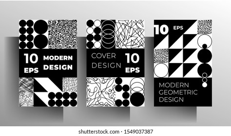 Set of geometric covers. Black and white design with hand-drawn textural elements. Vector 10 EPS.