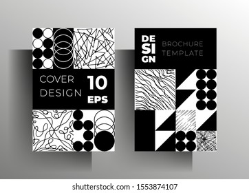 Set of geometric covers. Black and white design with hand-drawn textural elements. Vector 10 EPS.