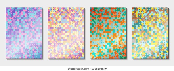 Conjunto de cubiertas geométricas en diferentes colores brillantes. Formas geométricas en forma de octagones y rombos. Ilustración vectorial.