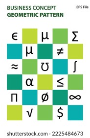 Set of geometric covers with green theme. Geometric compositions with mathematic symbols for book covers, posters, flyers, magazines, business annual reports