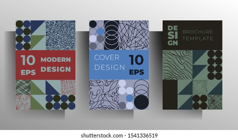 Set of geometric covers. Original retro style design in pastel colors with hand-drawn textural elements. Vector 10 EPS.