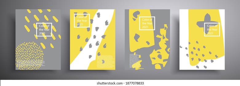 A set of geometric covers. The trendy colors of 2021 are yellow and gray. Modern abstract advertising leaflets, cards, invitations, flyers