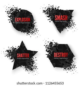 Set of geometric creative banners with space for text. Circle and hexagon, star and triangle destruction shapes. Abstract explosion of black shapes. Vector illustration isolated on white background