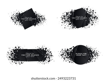 Set of geometric creative banners with space for text. Star and triangle destruction shapes. Abstract explosion of black shapes. Vector illustration p isolated on white background.	