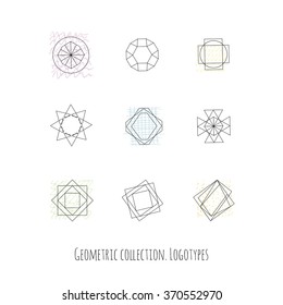 Set of geometric crystal circles in polygon style with geometric shapes. Abstract Geometric Patterns Set with Hipster Style Icons for Logo Design. Geometric hipster retro background