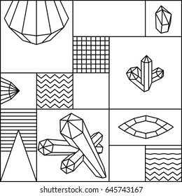 Set of Geometric Crystals, Diamonds. Geometric Shapes. Trendy Hipster Retro Background. Seamless Pattern Can be Used for Wallpaper, Web Page, Surface Textures, and Fabrics. Black and White Design.