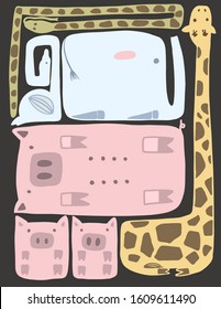Set of geometric cute animals. Snake, giraffe, swan, pigs, elephant. Vector collection perfect for childish decoration clothes, patterns, stickers, cards, fabric, textile, t-shirt, blanket