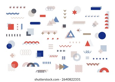 A set of geometric decoration materials in the Memphis style. It contains a large number of abstract shapes and patterns, creating a modern and pop impression. 