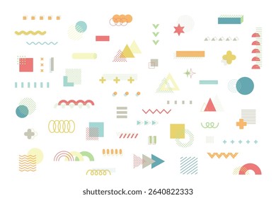 A set of geometric decoration materials in the Memphis style. It contains a large number of abstract shapes and patterns, creating a modern and pop impression. 