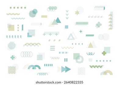 A set of geometric decoration materials in the Memphis style. It contains a large number of abstract shapes and patterns, creating a modern and pop impression. 