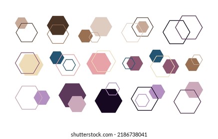 Set geometric decorative elements from hexagons. Vector illustration for trendy stylish modern design and decor, for creative collage. Geometric minimalistic hexagons elements.