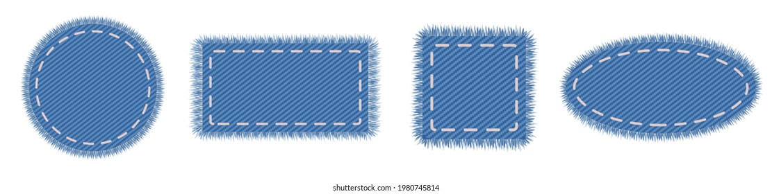 Set of geometric denim shapes on canvas for label design. Sale tag elements in light blue with embroidery.