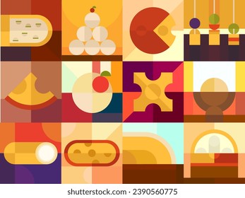 Set geometric design cheese in modern art retro style. Abstract background for banner, cover, card.Cartoon food delicious milk product. Bright vector illustration 