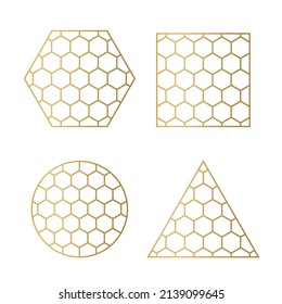 set of geometric design elements with golden honey comb pattern- vector illustration