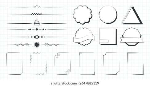 Set of geometric design elements: lines, shapes, and borders. Includes circles, triangles, and decorative borders. Ideal for creative design projects. Element vector set.