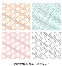 Set of Geometric diagonal line seamless pattern in mesh style hexagon and stripes concept 
