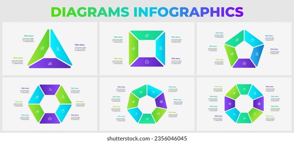 Set of geometric diagrams with 3, 4, 5, 6, 7 and 8 options. Infographics templates