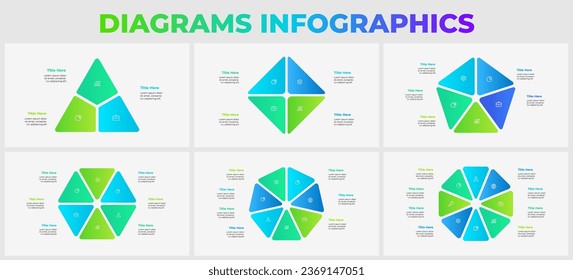 Set of geometric diagrams with 3, 4, 5, 6, 7 and 8 options. Infographics templates