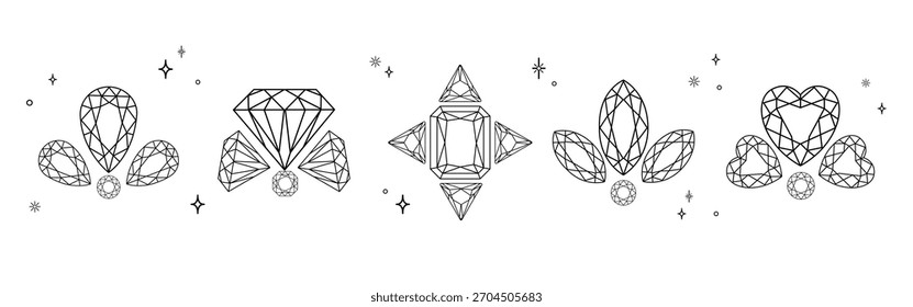 Set von geometrischen Diamanten und Edelstein Formen Symbole in schwarz-weiß Linie Kunststil für Schmuck-Design, Logo, Branding, Verpackung, Modedrucke und digitale Projekte.Vektorgrafik