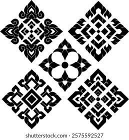 A set of geometric diamond-shaped Thai motifs in vector format, featuring symmetrical traditional patterns. Perfect for crafts, tattoos, and cultural designs.