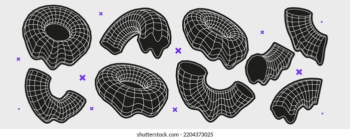 Set of geometric distortion shapes or trendy brutalism style elements. Flat vector illustration with 3d wireframe models. Concept psychedelic techno style.