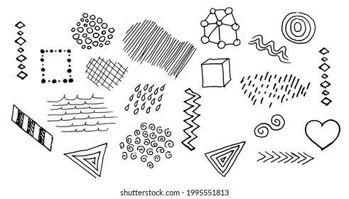 a set of geometric doodles drawn by hand with a black outline, isolated on a white background. vector