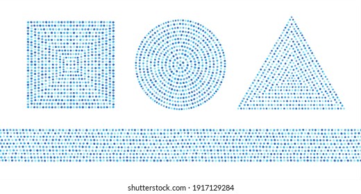 Set of geometric dot shapes, graphic design elements, frame or border templates. Dotted triangle, square, circle shapes. Text backgrounds, decorations made of blue dots, hand drawn blobs, beads.