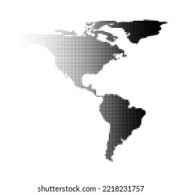 Conjunto de puntos geométricos con efecto de semitono. Patrón en forma de América del Norte y del Sur. Resumen de elementos aislados sobre fondo blanco. Ilustración vectorial.