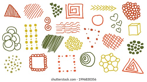 un conjunto de dibujos geométricos dibujados a mano con un contorno multicolor, aislados sobre un fondo blanco. vector. Doodles geométricos