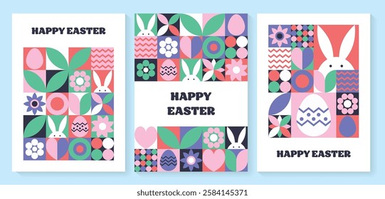 Set of geometric Easter greeting card. Abstract background with bunny, egg and flower. Vector illustration