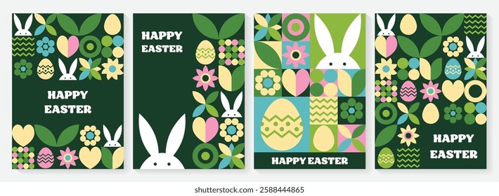 Set of geometric Easter greeting card. Abstract background with bunny, egg and flower. Vector illustration