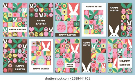 Set of geometric Easter greeting card. Abstract background with bunny, egg and flower. Vector illustration