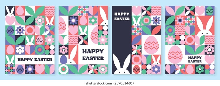 Set of geometric Easter greeting card. Abstract background with bunny, egg and flower. Vector illustration