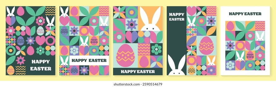 Set of geometric Easter greeting card. Abstract background with bunny, egg and flower. Vector illustration