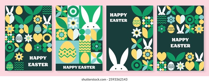 Set of geometric Easter greeting card. Abstract background with bunny, egg and flower. Vector illustration