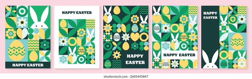 Set of geometric Easter greeting card. Abstract background with bunny, egg and flower. Vector illustration